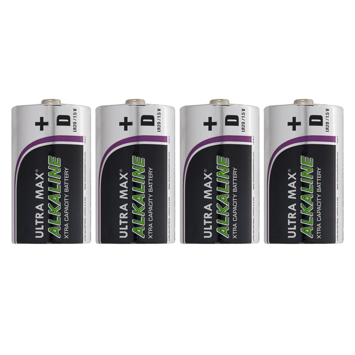 Vier D-Batterien mit silberner und schwarzer Aluminiumhülle nebeneinander stehend