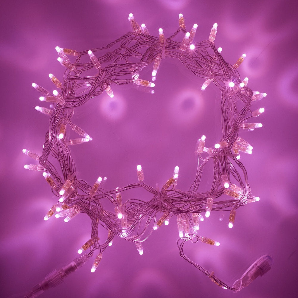 Runde pink leuchtende LED Lichterkette mit transparentem Kabel und Steckverbindung