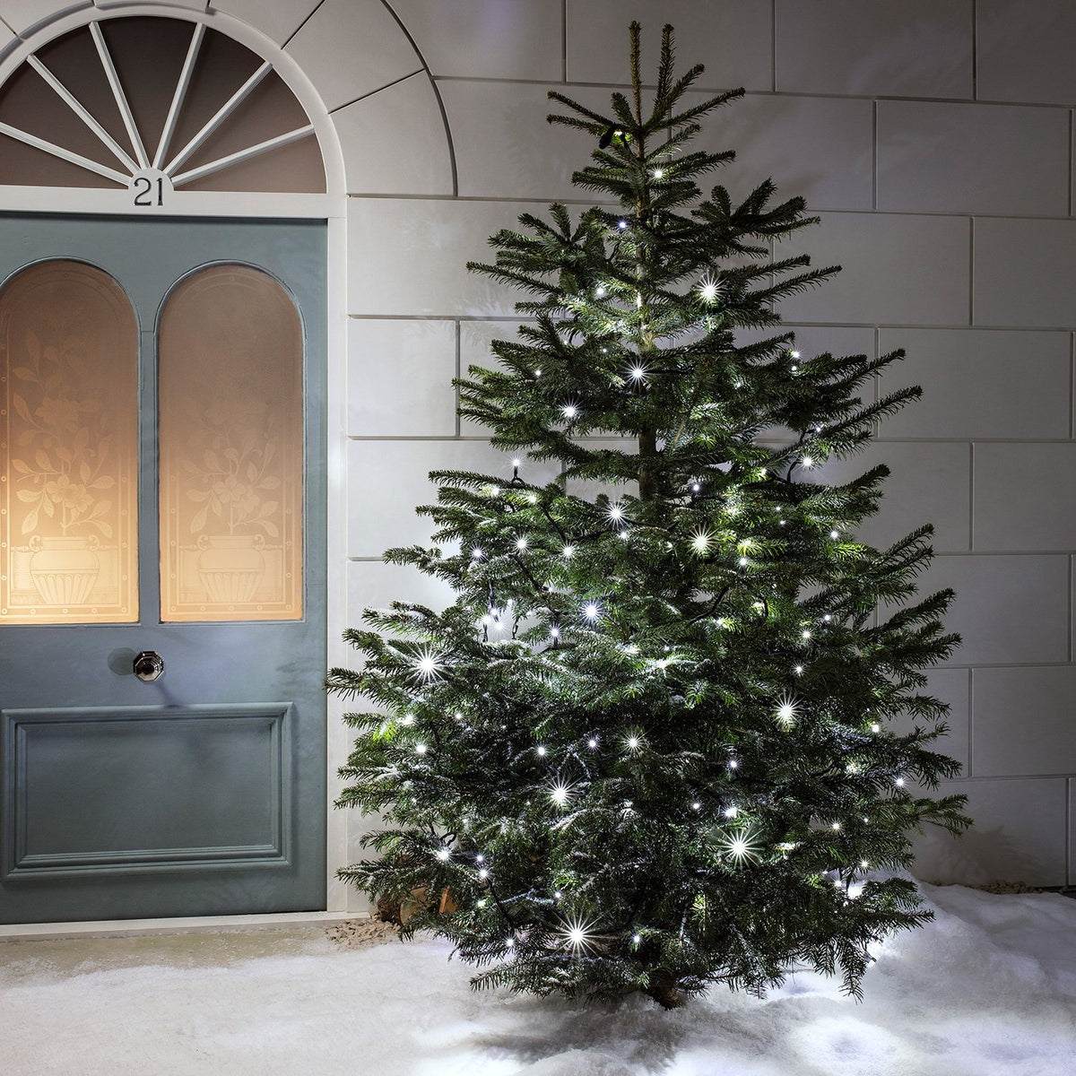 Weihnachtsbaum vor Haustür mit weißer LED-Lichterkette beleuchtet, Schnee am Boden