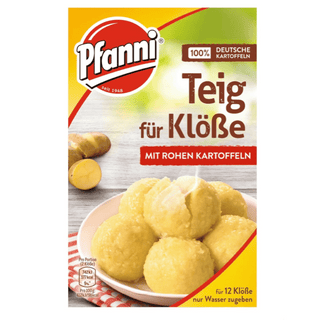 Pfanni brand packaging for potato dumpling dough with potatoes and dumplings on a plate.
