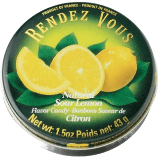 A premium metal tin of Rendezvous Sour Lemon hard candies.
