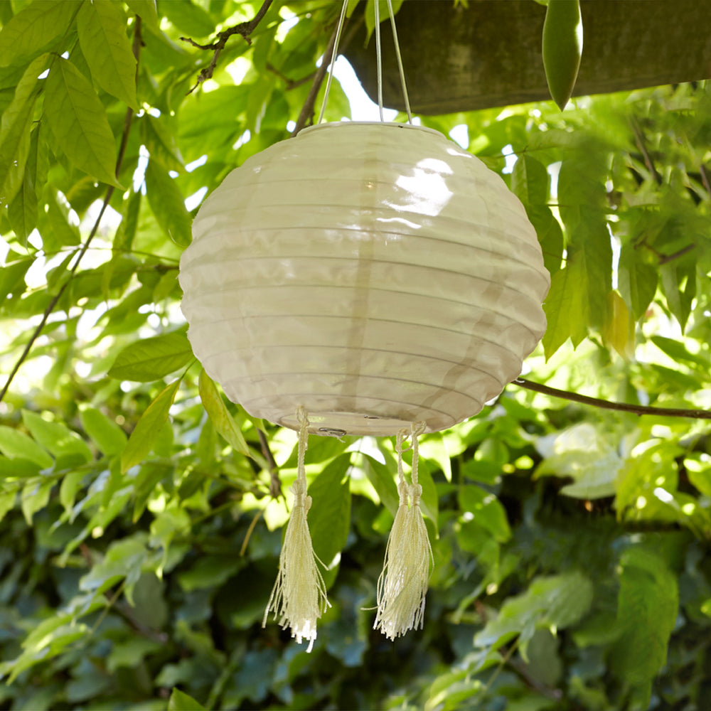 Crèmefarbener 20cm Solar Lampion mit Quasten hängt an einem Ast im grünen Garten