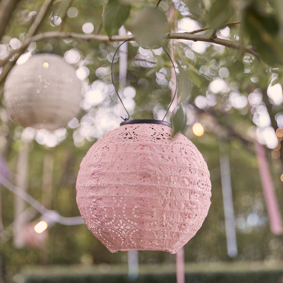 Nahaufnahme eines rosa Tyvek Solar Lampions mit floralem Muster, hängend an einem Baum
