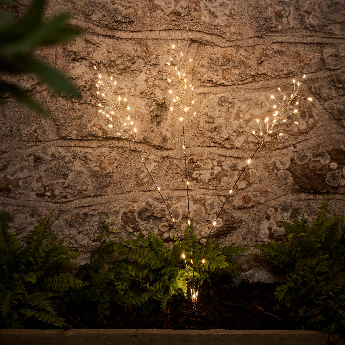 Drei kupferfarbene Pampasgras Solarleuchten mit warmweißen LEDs vor einer Steinwand