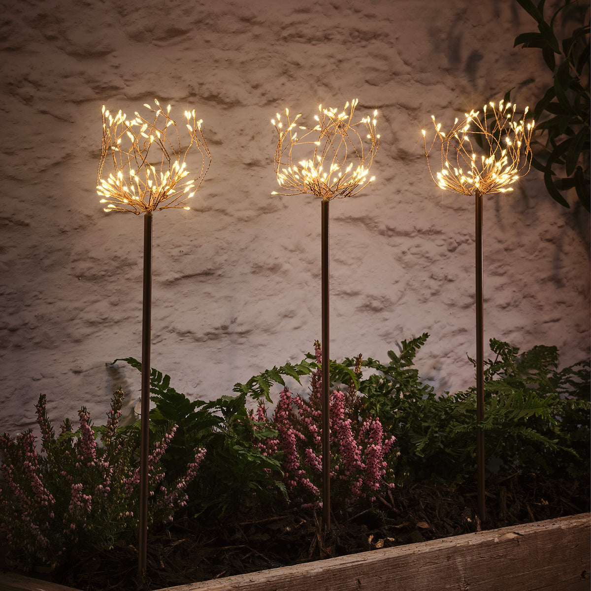 Drei Micro LED Stableuchten mit warmweißem Licht in einem Beet vor einer Steinwand