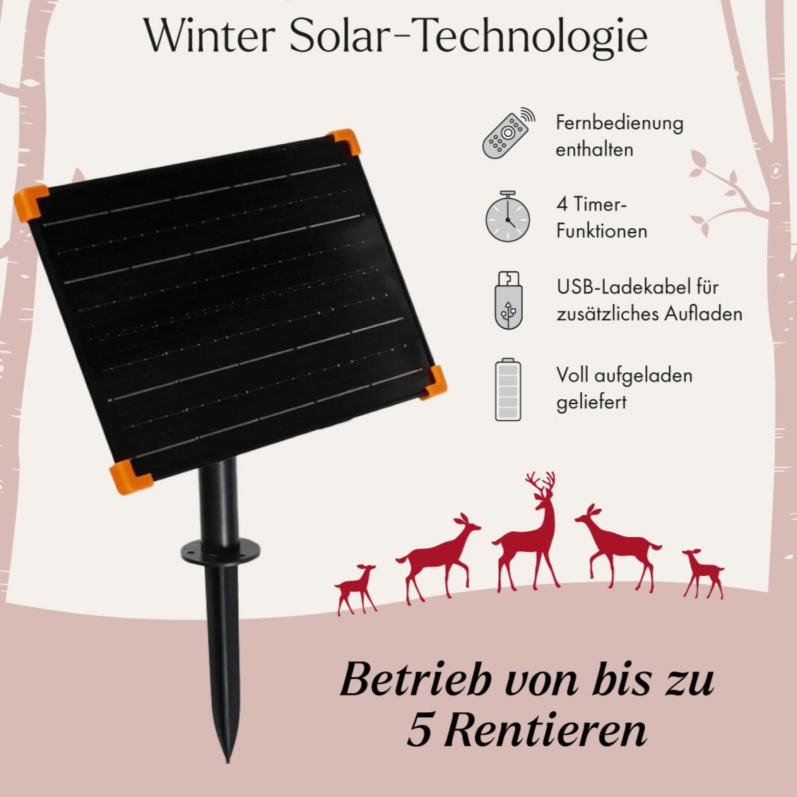 Solar-Panel mit Erdspieß und Icons zu Fernbedienung, Timer-Funktion und USB-Ladekabel