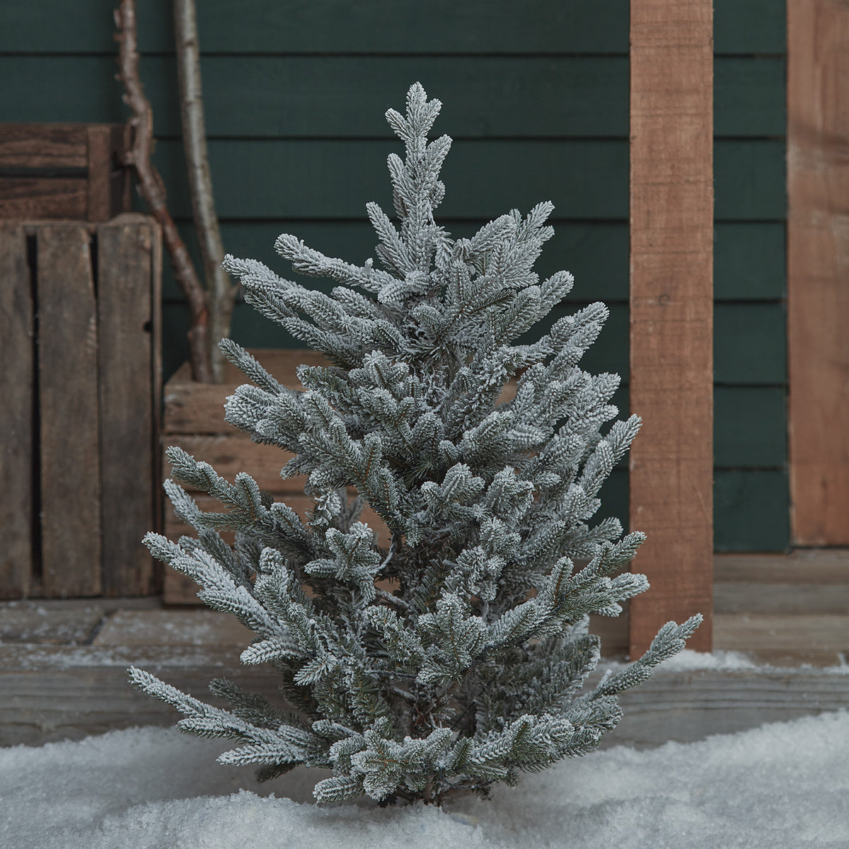 Verschneiter Weihnachtsbaum ohne Beleuchtung im Schnee vor Holzverkleidung