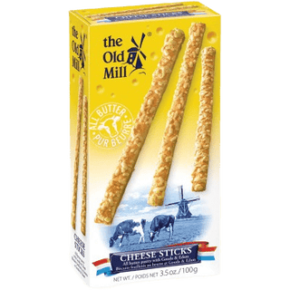 A pile of flaky, golden-brown The Old Mill All Butter Cheese Sticks.
