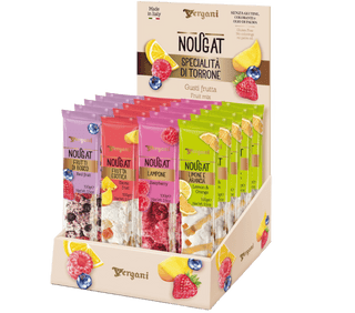 Vergani Soft Nougat bar with Lemon and Orange fruit pieces.