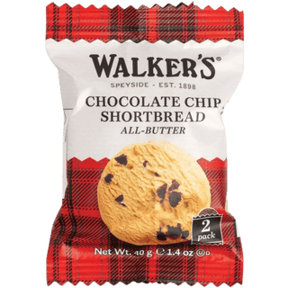 A 2-pack wrapper of Walkers Chocolate Chip Shortbread.