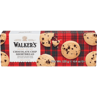 Walkers Chocolate Chip Shortbread box showing cookies with chocolate chips.