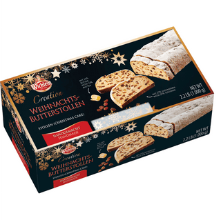 Box of Weihnachts-Butterstollen with festive design on a white background