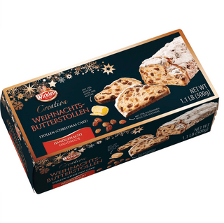 Box of Weihnachts-Butterstollen with festive design and images of the cake on a white background
