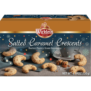 Box of Wicklein Salted Caramel Crescents butter pastry with a festive design.