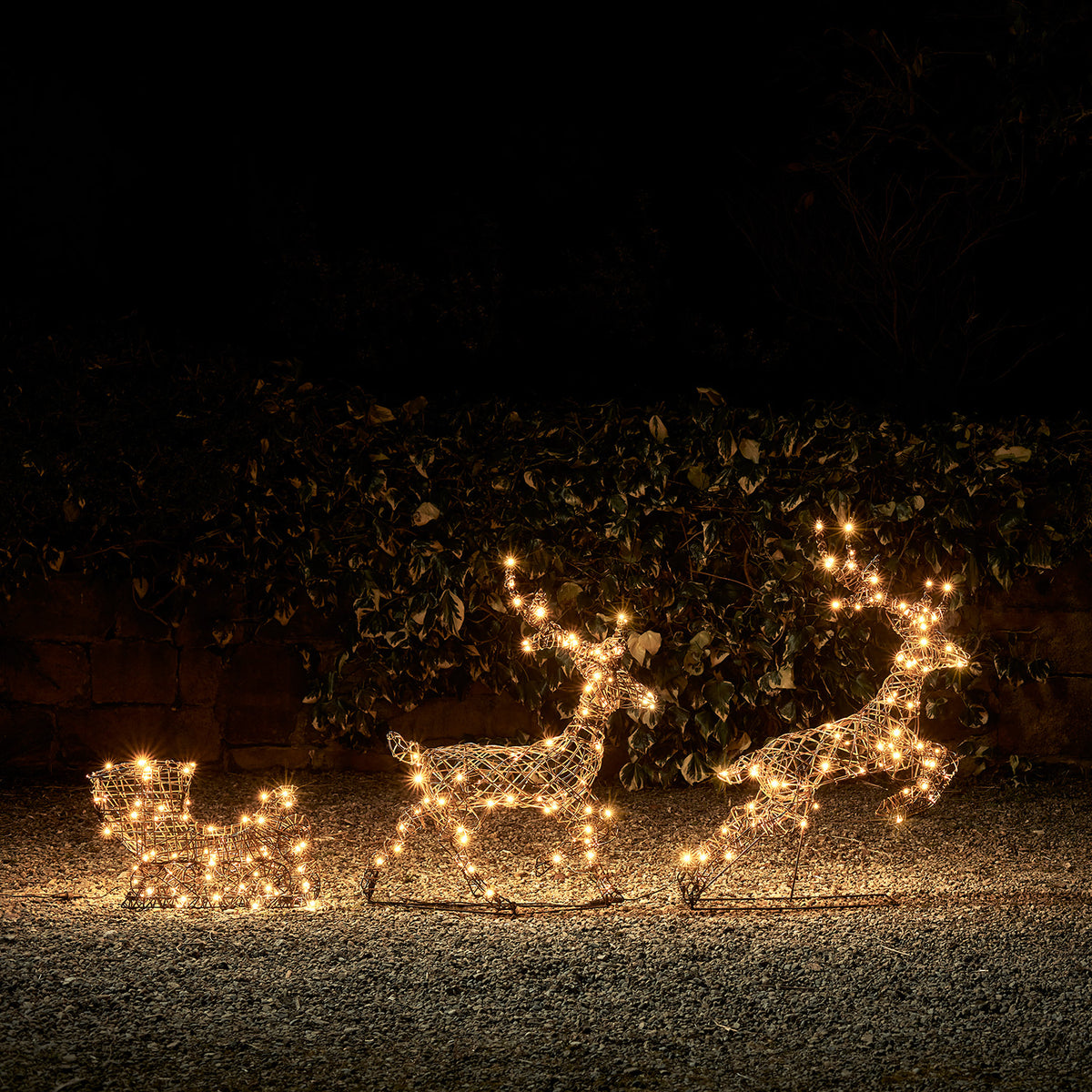 Zwei beleuchtete Solar-LED-Rentiere mit Schlitten in Rattan-Optik bei Nacht im Garten