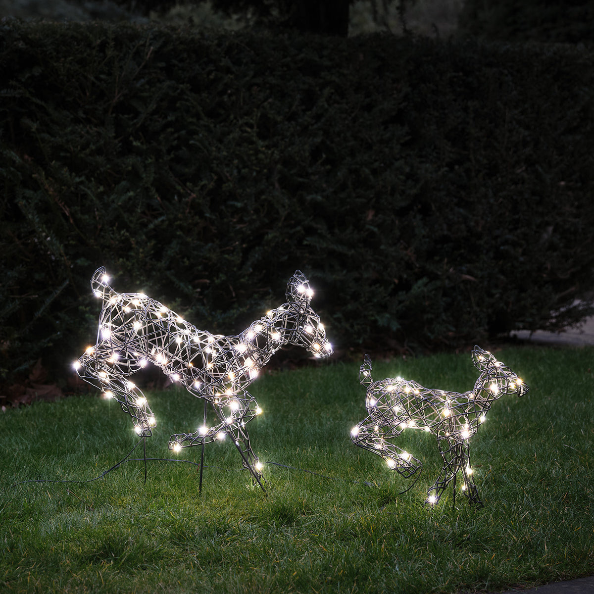 LED-Rentiere Hirschkuh und Rehkitz mit kaltweißen Lichtern auf grünem Rasen bei Dunkelheit