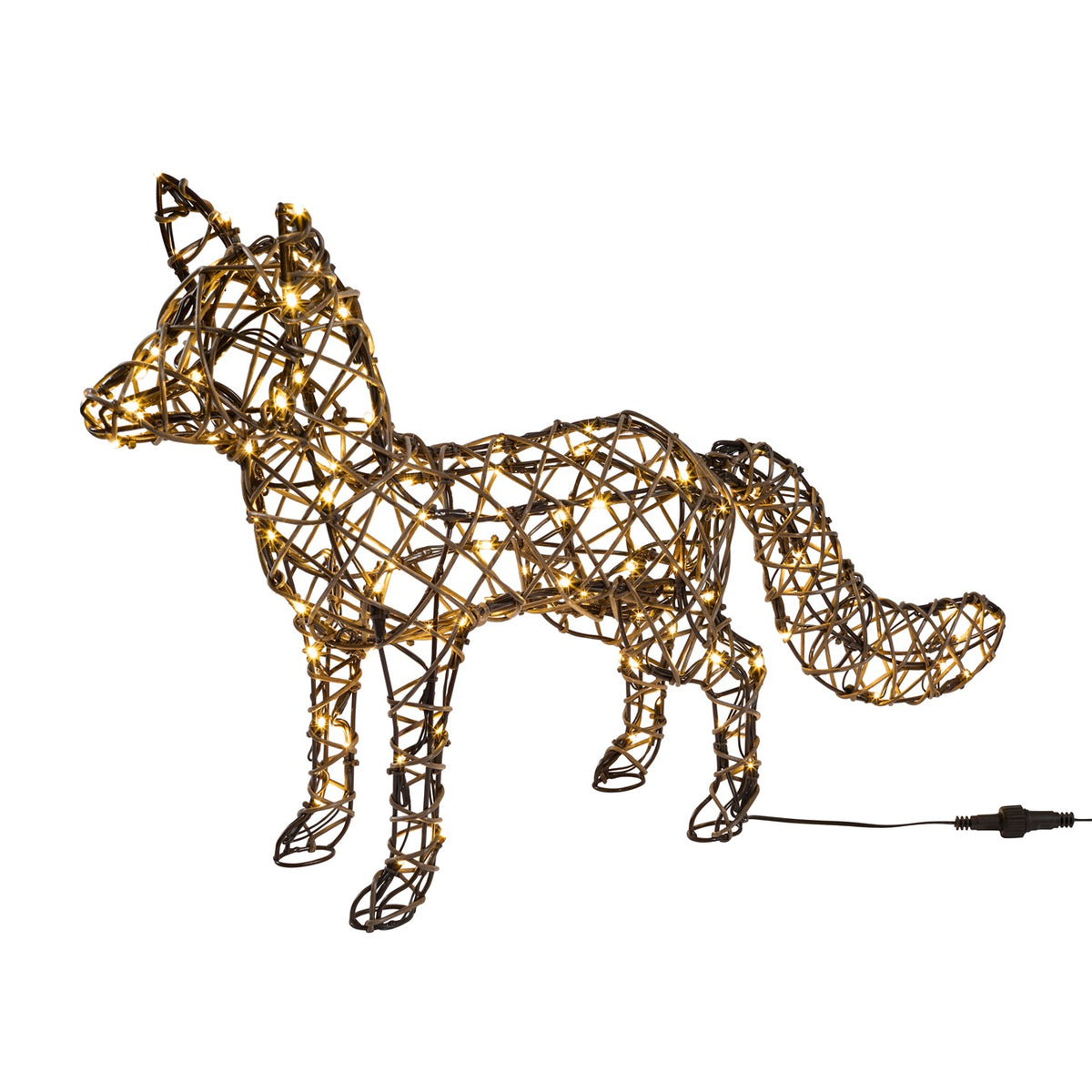Leuchtende LED-Fuchs Gartenfigur aus Rattan mit 100 warmweißen LEDs und angeschlossenem Kabel