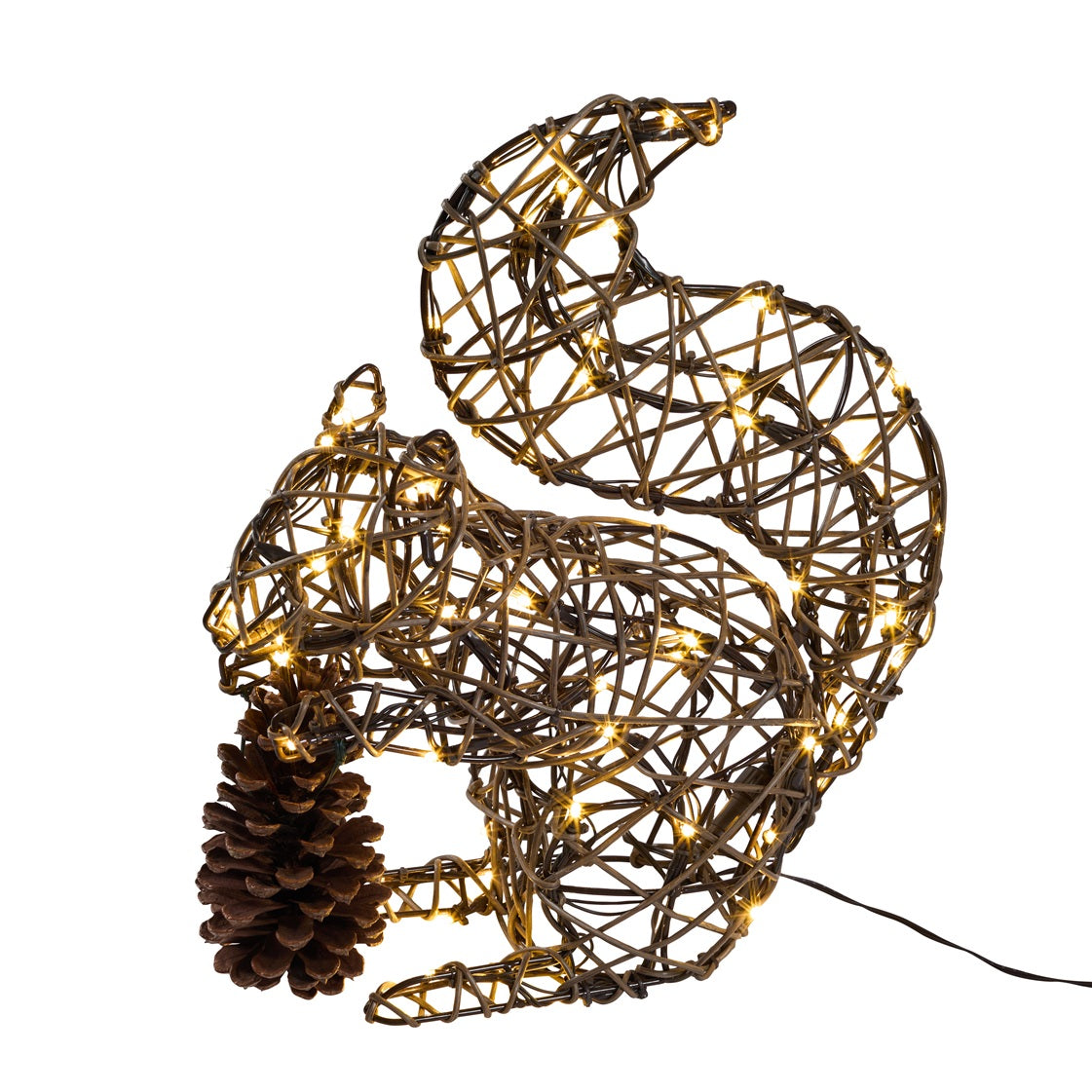 Rattan-Eichhörnchen mit 60 warmweißen LEDs und einer Eichel aus Zapfen in der Schnauze