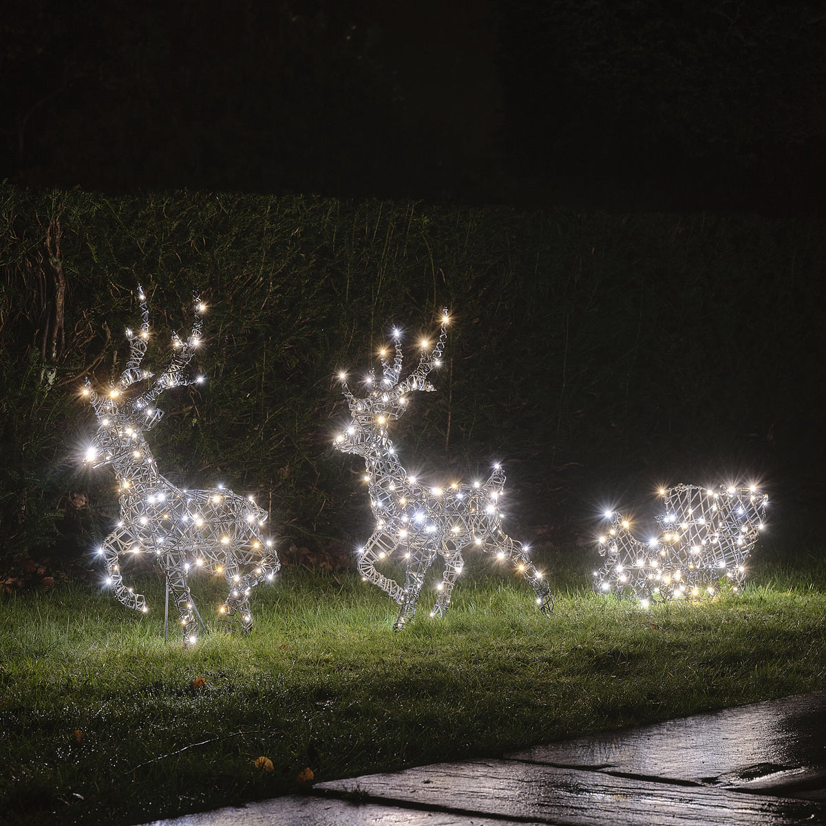 LED-Rentiergespann mit Schlitten in gemischtem warmweißem und weißem Licht im Garten
