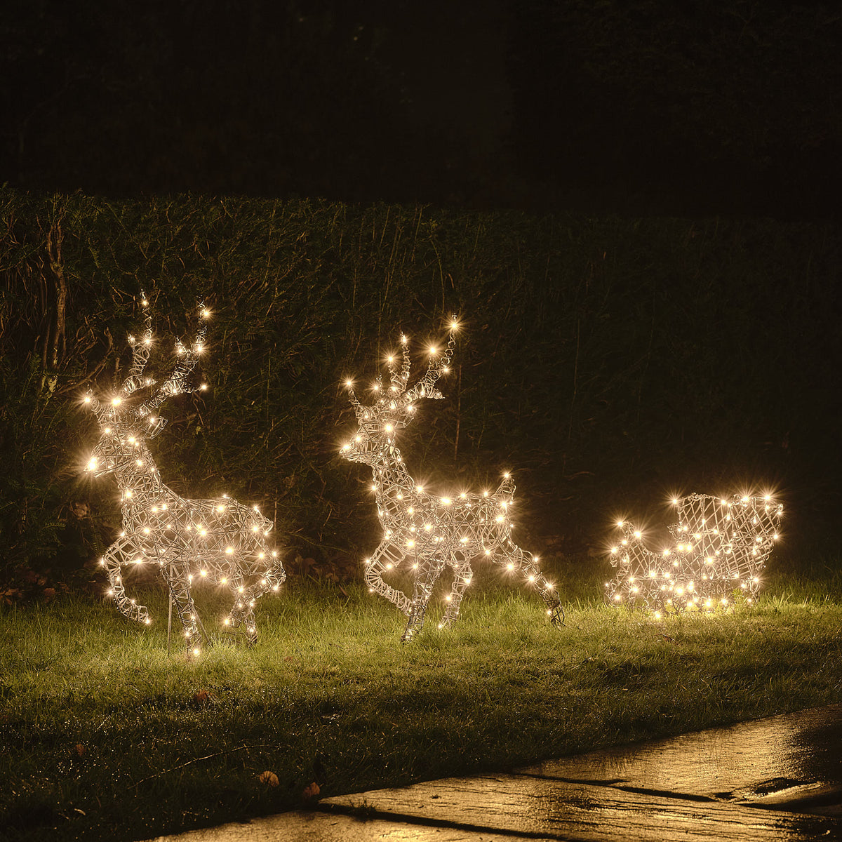 Zwei beleuchtete LED-Rentiere mit Schlitten in warmweißem Licht im Garten bei Nacht
