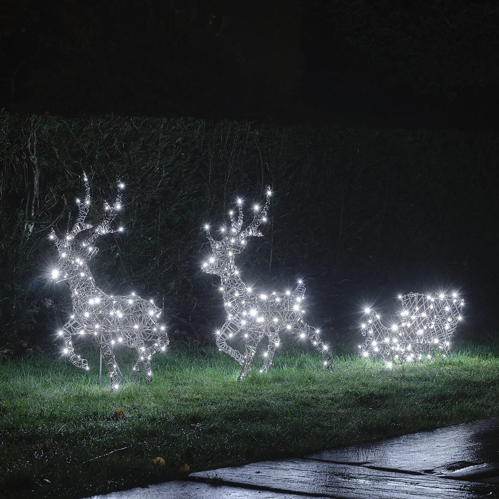 Zwei LED-Rentiere mit Schlitten in klarem weißem Licht auf Rasenfläche bei Nacht