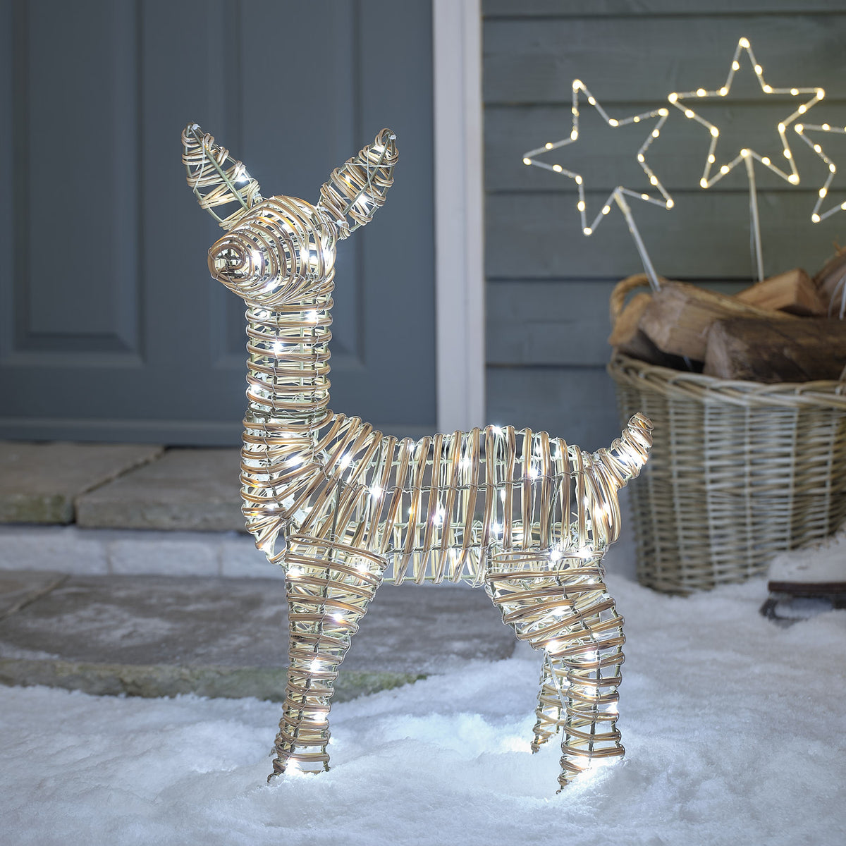 62 cm Leyburn Bicolor LED-Rehkitz aus Rattan mit 110 Mikro-LEDs in Kaltweiß