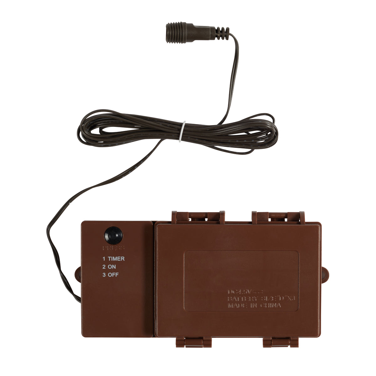 Braune Batteriebox mit Timerfunktion und Klappdeckel für 3 D-Batterien