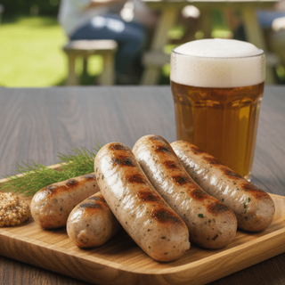 Grilled sausages on a wooden plate with a glass of beer, set against a blurred outdoor background with people and a grill.