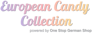 Text 'European Candy Collection powered by One Stop German Shop' on a white background