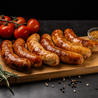 German bratwurst grilled and sliced on a wooden board with peppercorns and rosemary