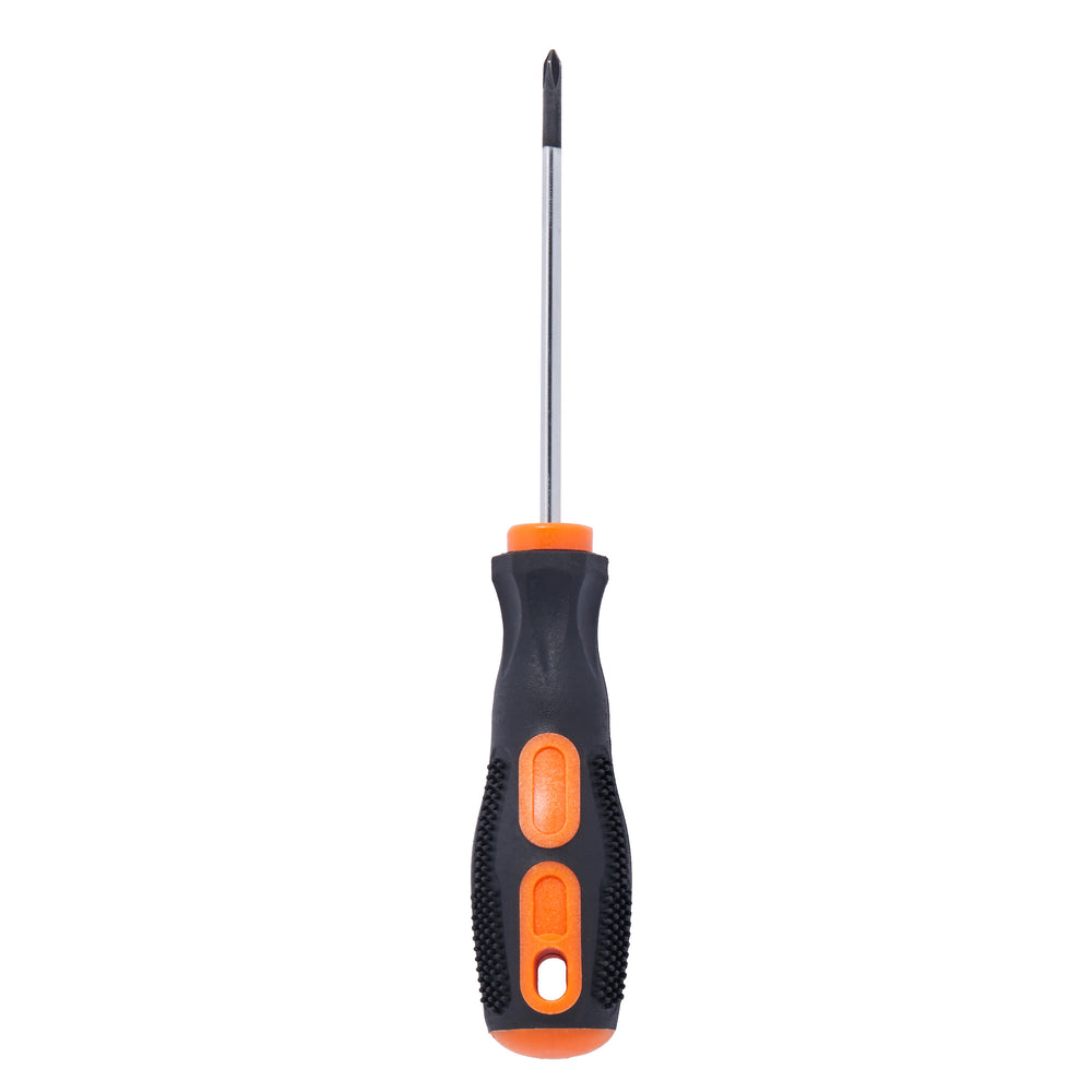 Spitze eines Schraubenziehers mit magnetischer Klinge und schwarzem Griff mit orangenen Details