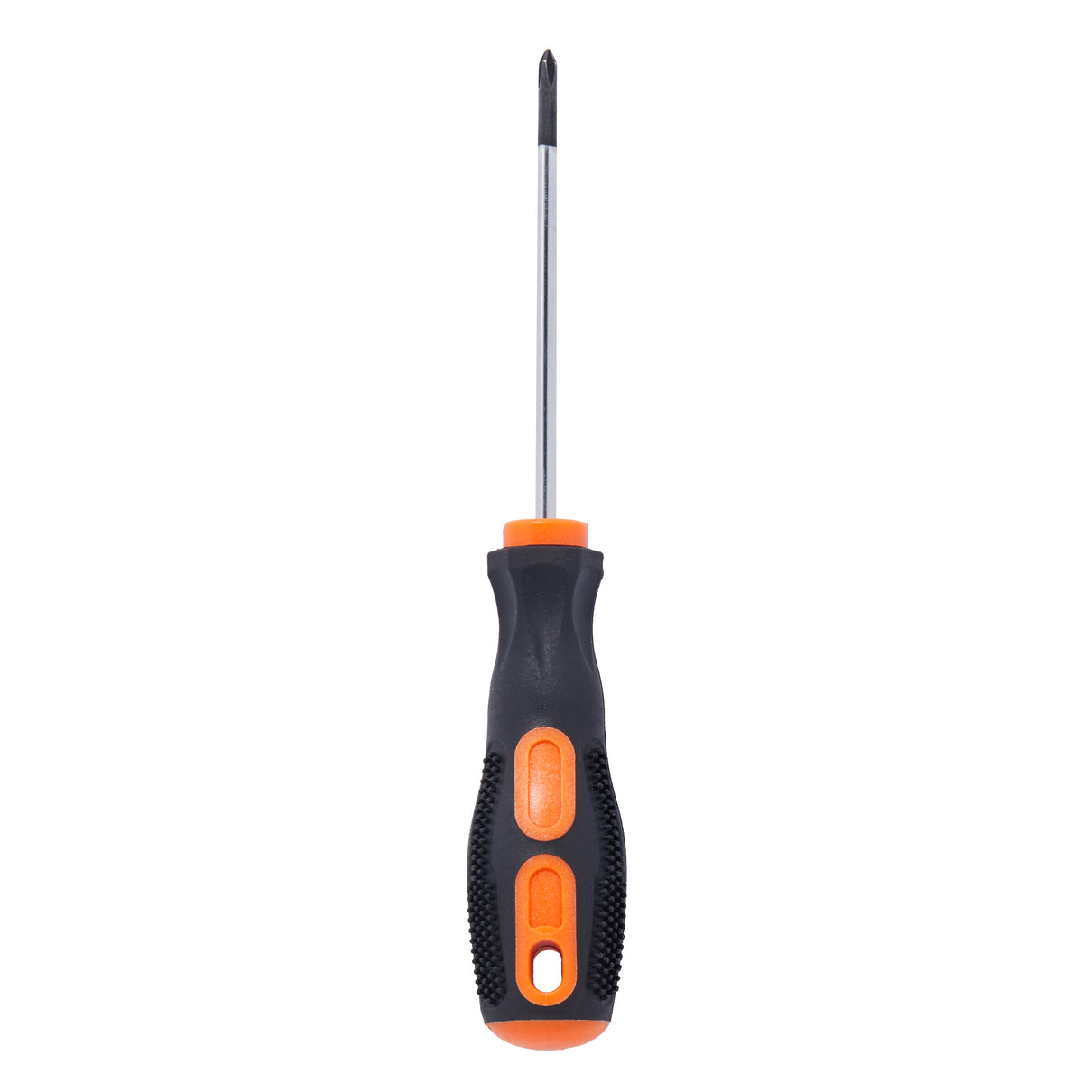 Spitze eines Schraubenziehers mit magnetischer Klinge und schwarzem Griff mit orangenen Details