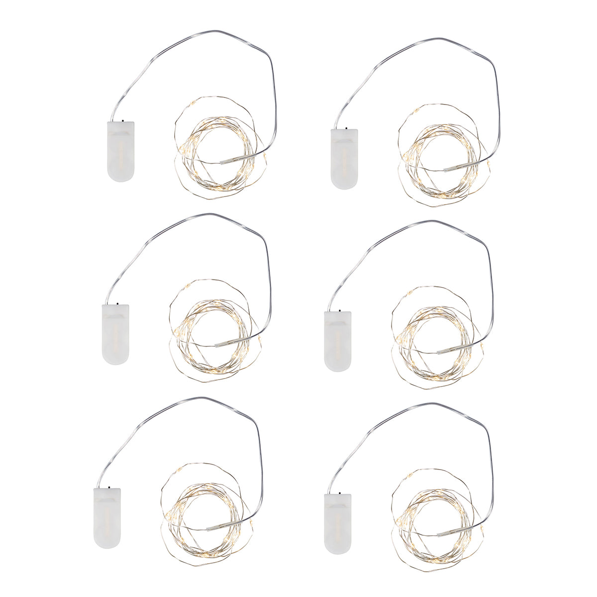 Sechs Micro Lichterketten mit warmweißen LEDs und Batteriefach auf weißem Hintergrund