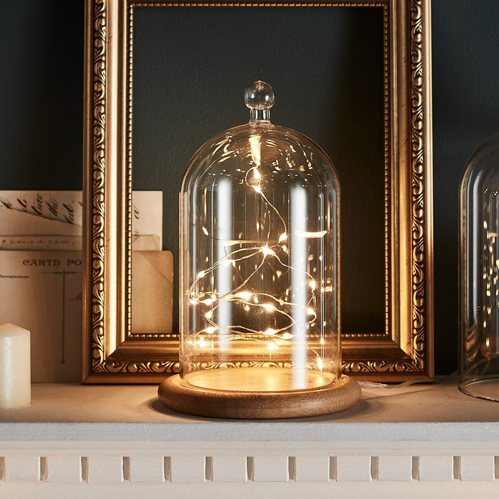 Glasglocke mit warmweißer Micro Lichterkette auf Holzboden vor goldenem Bilderrahmen