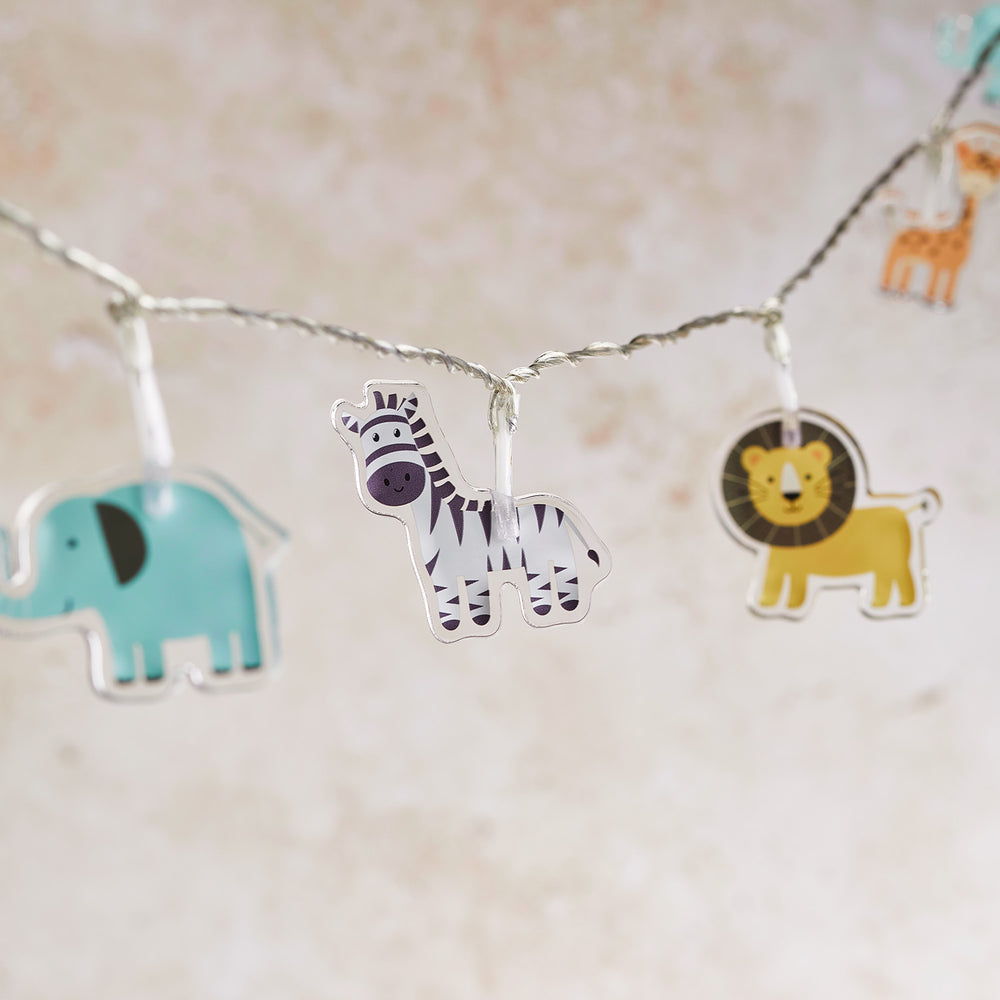 Safari Lichterkette mit Acrylfiguren von Elefant, Zebra und Löwe ohne Beleuchtung
