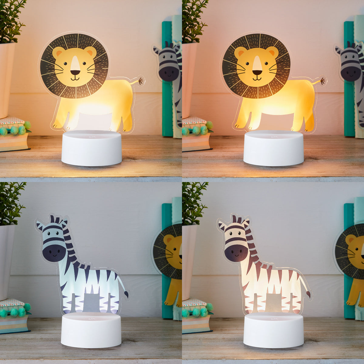 Vier Bilder zeigen Löwen- und Zebra-Acrylscheiben auf weißem Lampenfuß in verschiedenen Lichtfarben