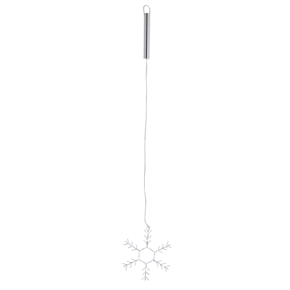 Einzelne weiße LED-Schneeflocke aus Metall mit Aufhängung vor weißem Hintergrund
