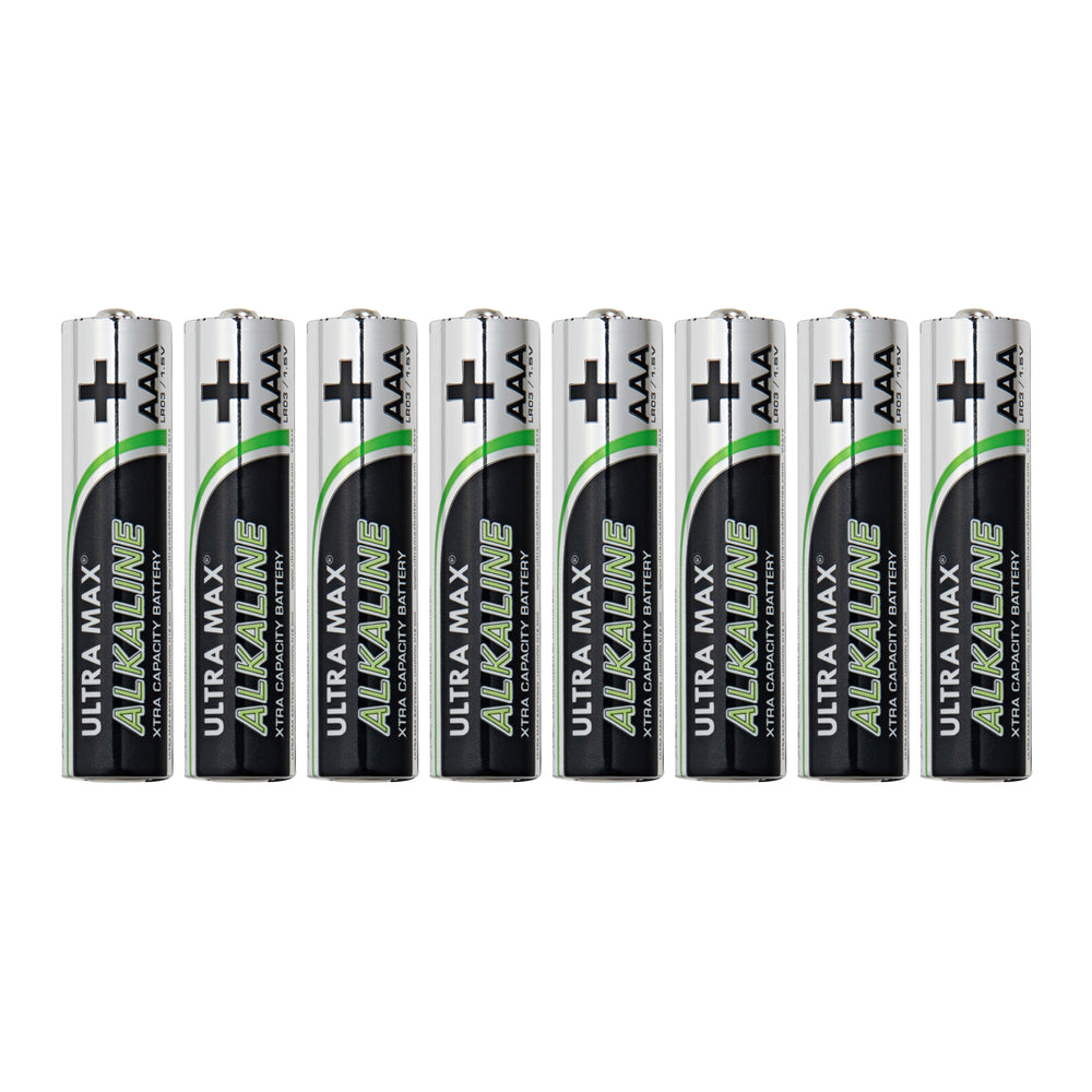 Acht AAA Alkaline Batterien 1,5V in einer Reihe stehend