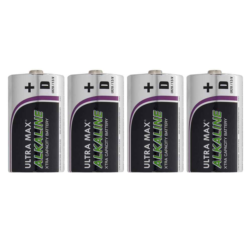 Vier silberne D-Batterien mit schwarzem und grünem Aufdruck nebeneinander auf weißem Hintergrund