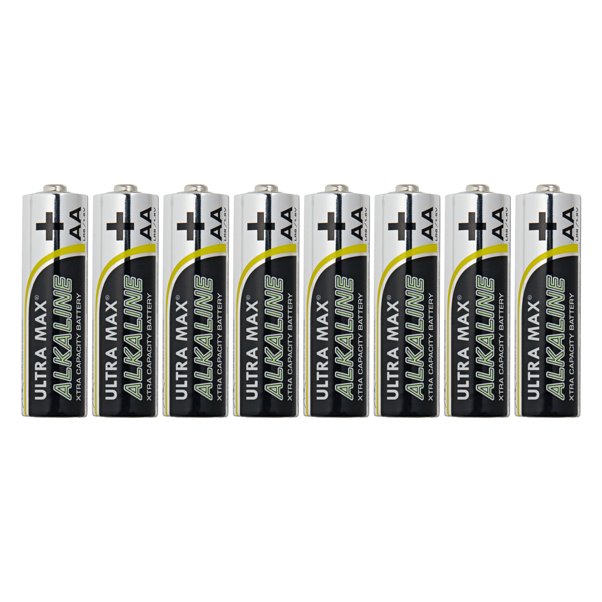 Acht AA Ultra Max Alkaline Batterien mit 1,5 Volt in einer Reihe auf weißem Hintergrund