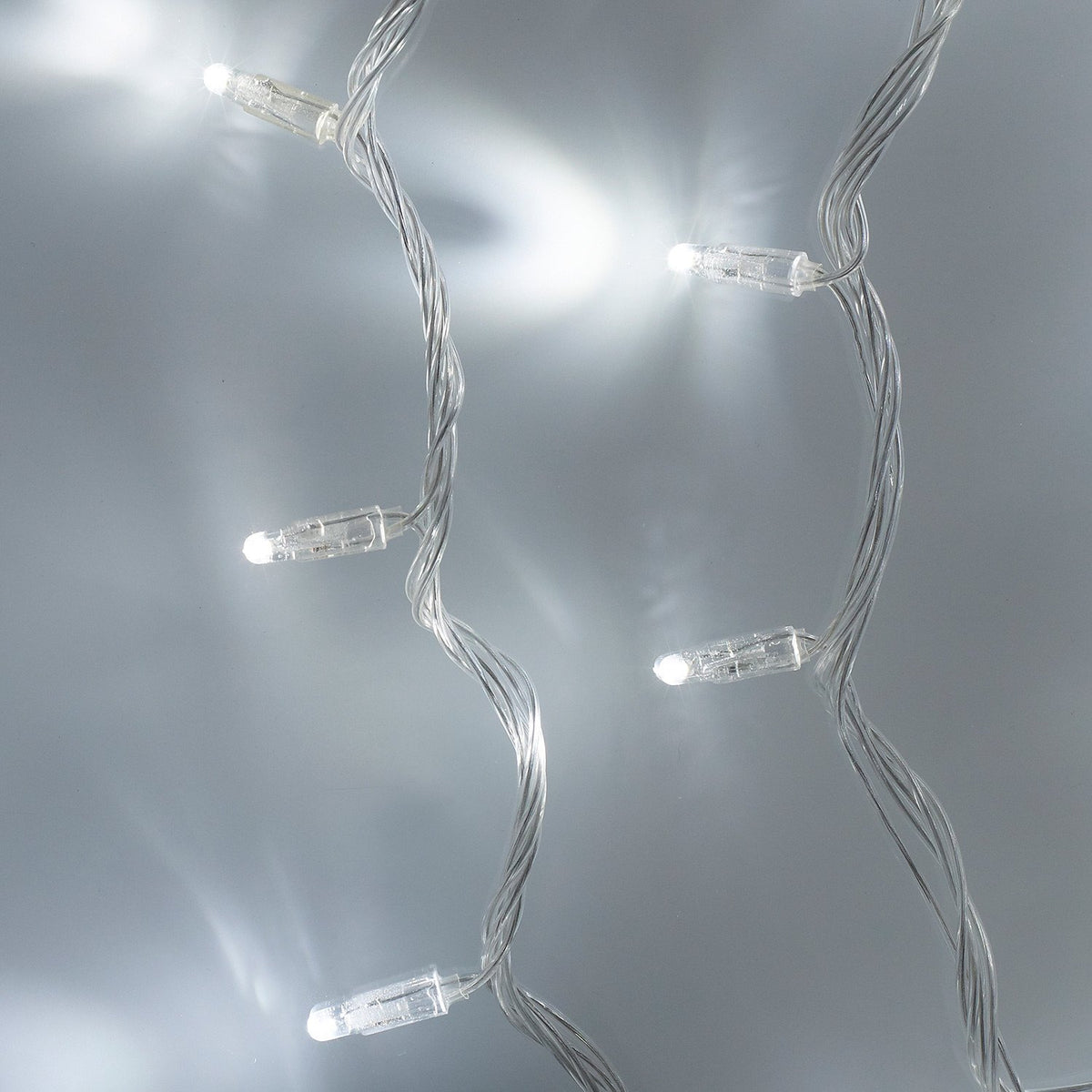 Nahaufnahme der weißen LED-Lichterkette mit transparentem Kabel und leuchtenden LEDs