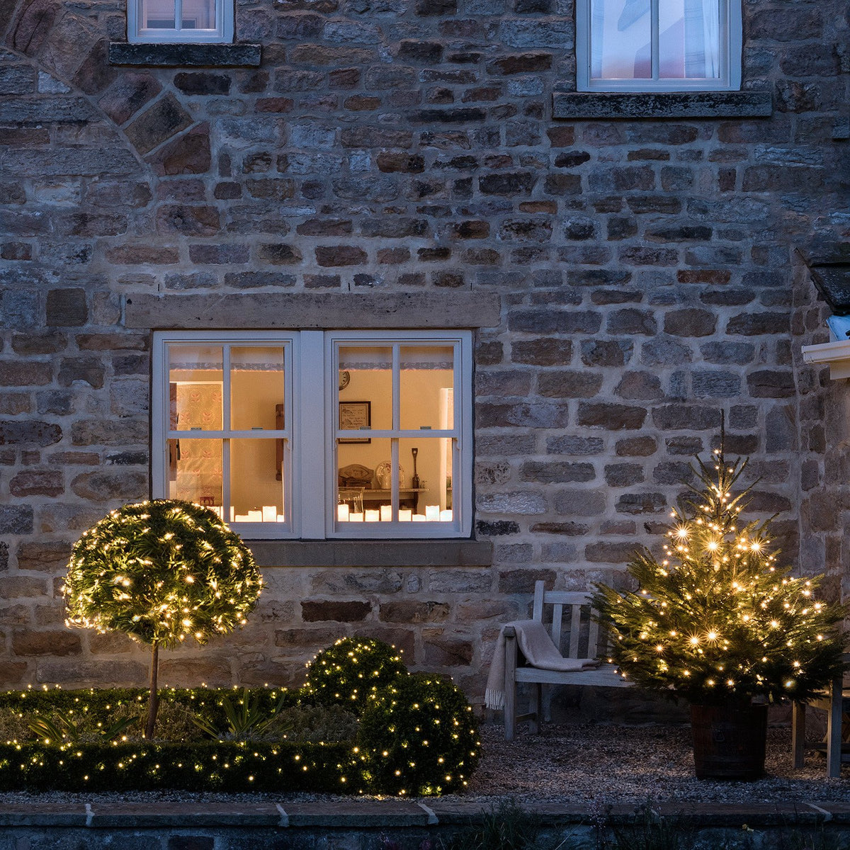 Abendaufnahme eines Gartens mit beleuchteten Pflanzen und Weihnachtsbaum vor einem Haus mit Steinwand