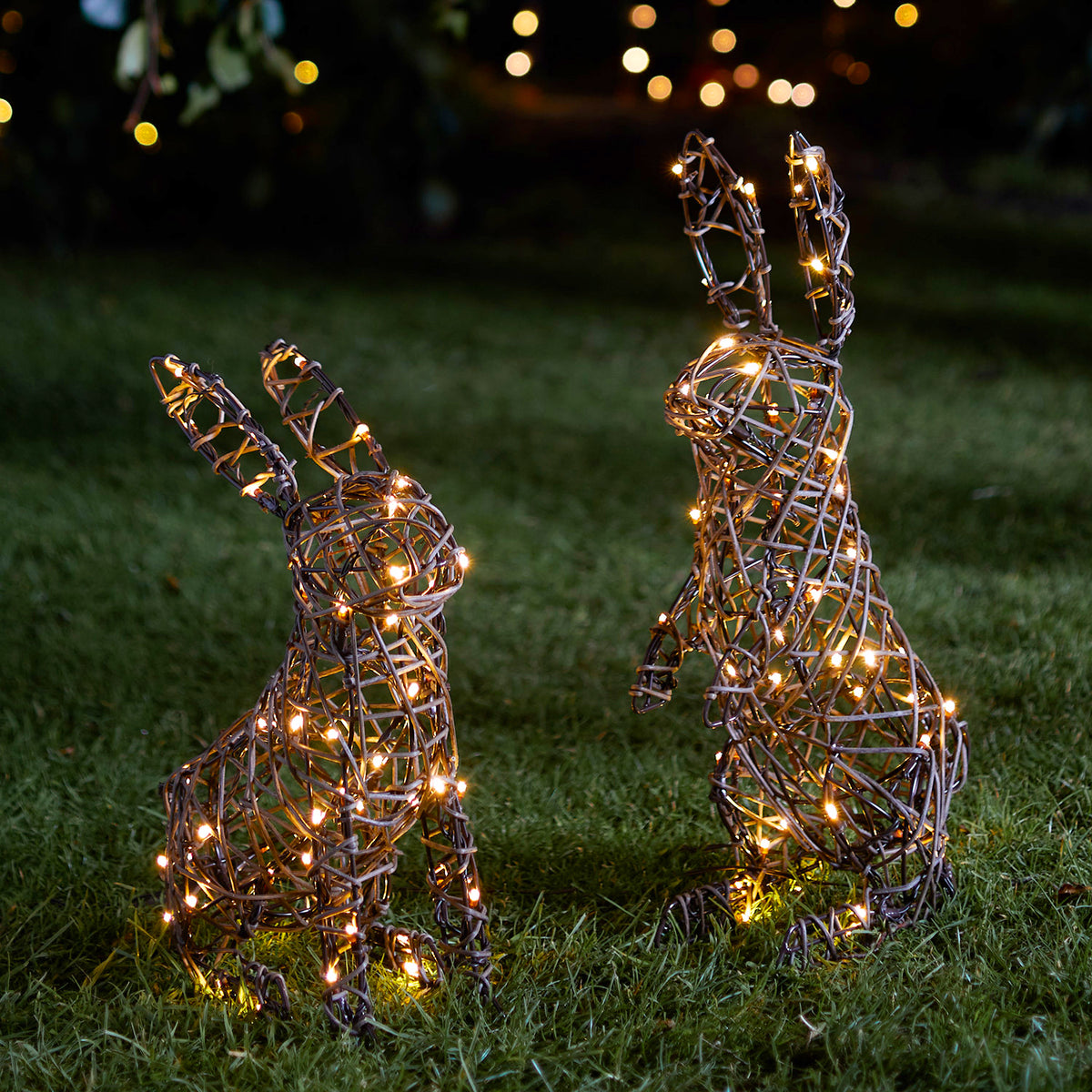 Zwei LED Hasen aus Rattan mit warmweißen Lichtern auf grünem Rasen bei Nacht