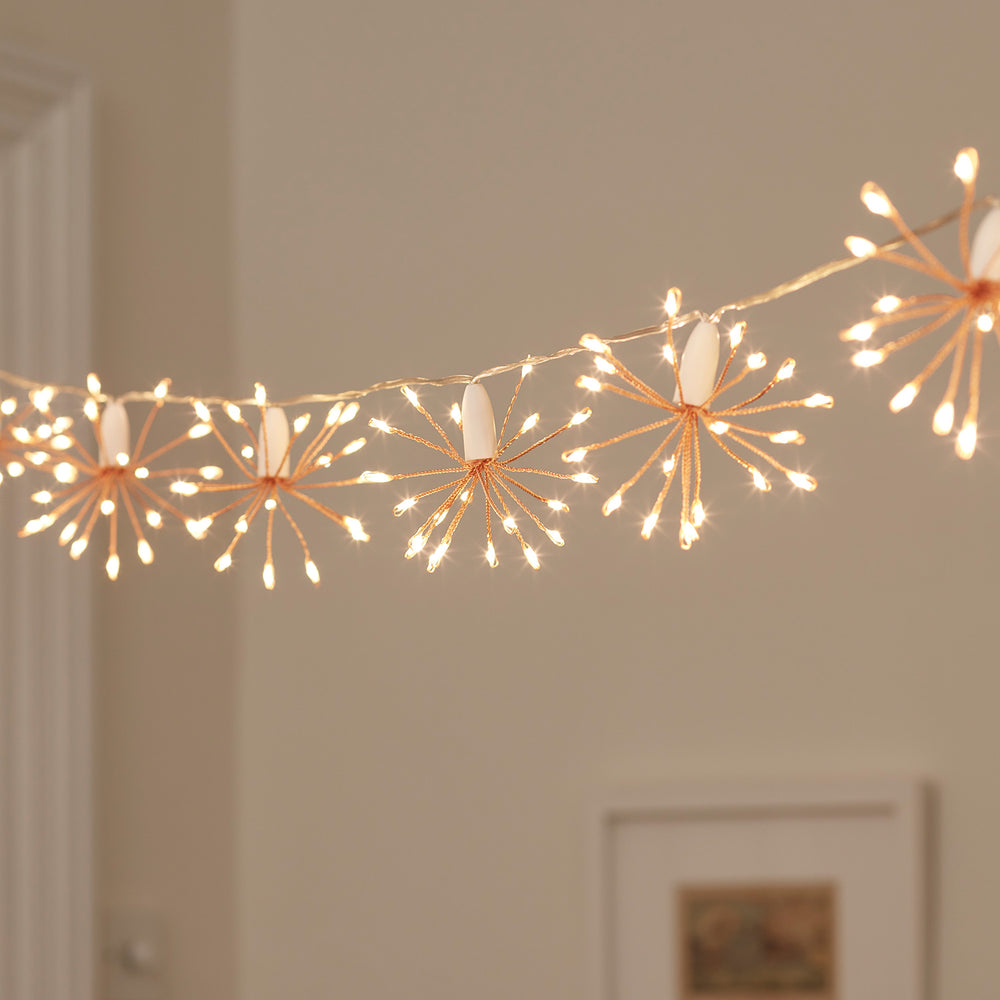 Roségoldene LED-Lichterkette mit 15 leuchtenden Sternenbällen an einer Wand im Innenraum