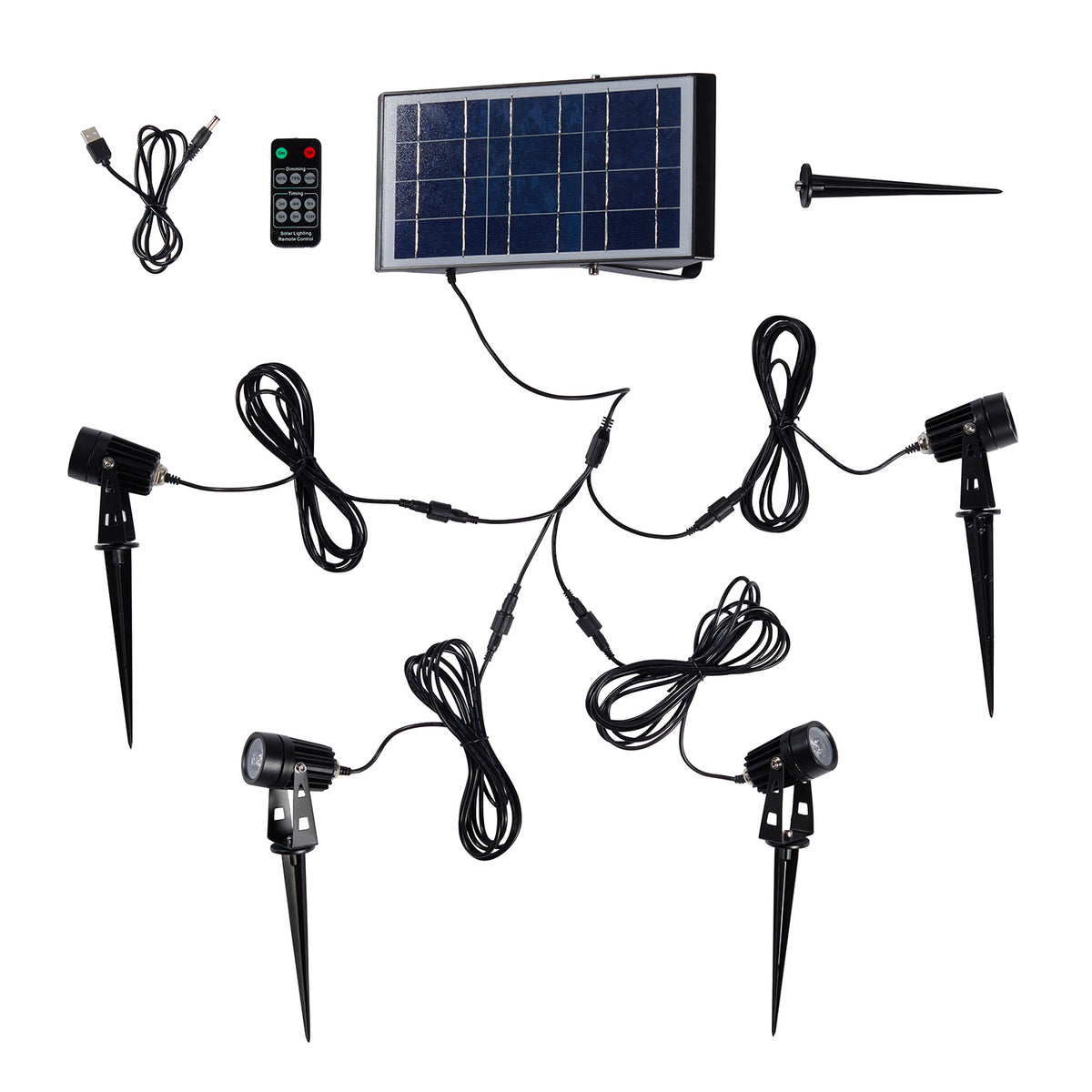 4 schwarze Solar LED Strahler mit Kabeln, Solarpanel, Fernbedienung und Erdspießen