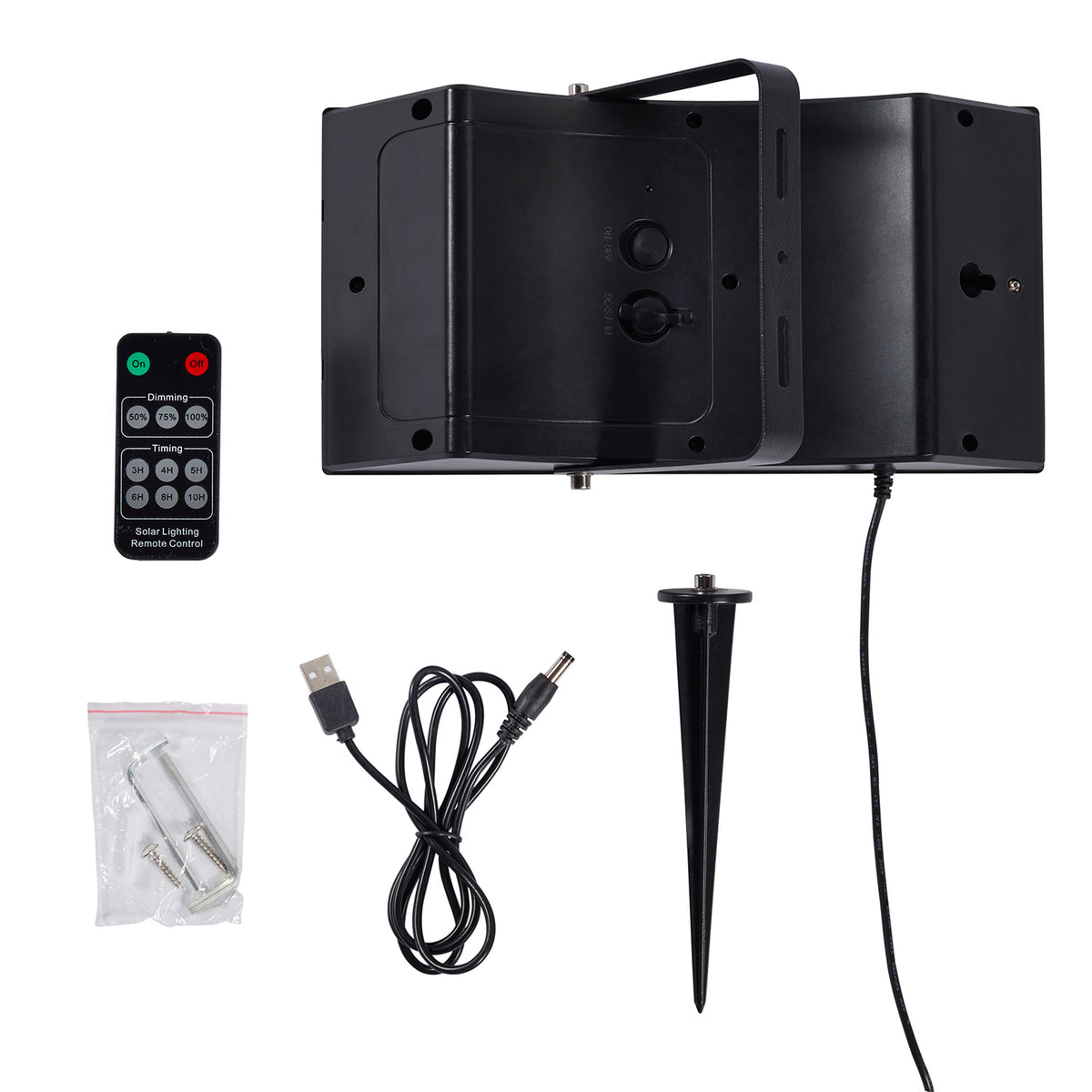 Solarpanel, Fernbedienung, USB-Kabel, Erdspieß und Montagezubehör auf weißem Hintergrund