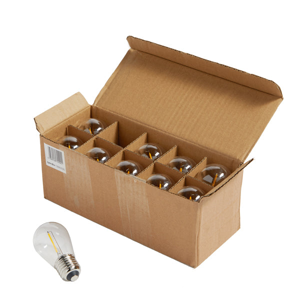 Offene Kartonverpackung mit zehn warmweißen E27 Ersatzbirnen und eine Birne daneben