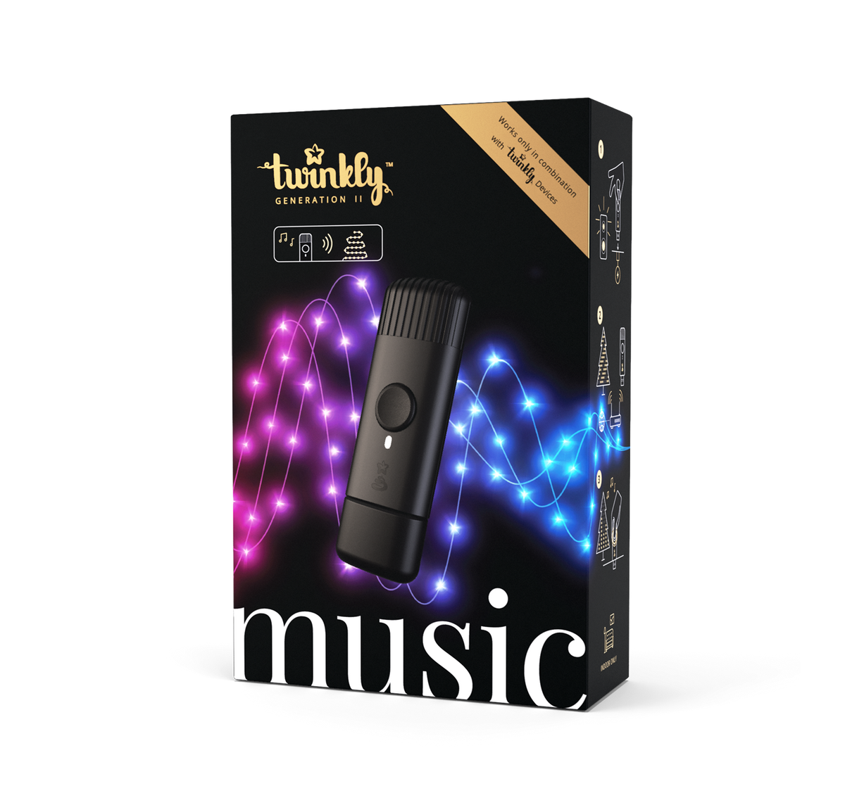 Verpackung des Twinkly Musik Adapters mit schwarzem Design und leuchtenden Lichterketten in Pink und Blau