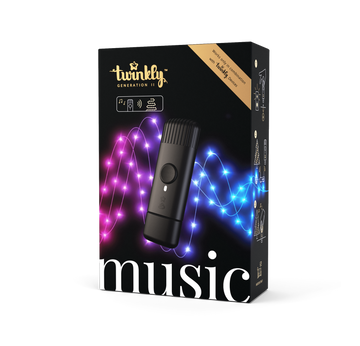 Verpackung des Twinkly Musik Adapters mit schwarzem Design und leuchtenden Lichterketten in Pink und Blau