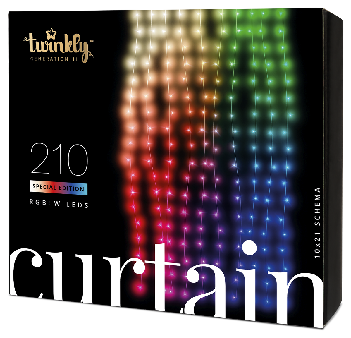 Verpackung des Twinkly Lichtervorhangs mit bunten LED-Lichtern auf schwarzem Grund